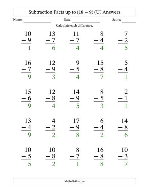 The Subtraction Facts from (2 − 1) to (18 − 9) – 25 Large Print Questions (U) Math Worksheet Page 2