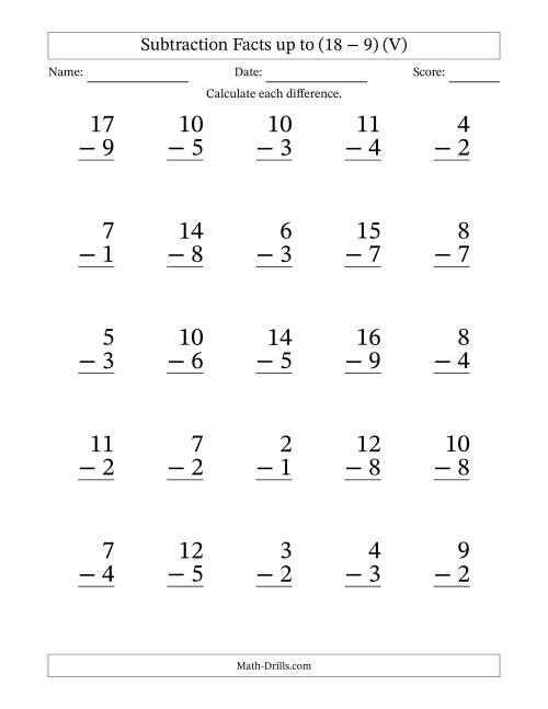 The Subtraction Facts from (2 − 1) to (18 − 9) – 25 Large Print Questions (V) Math Worksheet