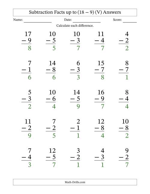 The Subtraction Facts from (2 − 1) to (18 − 9) – 25 Large Print Questions (V) Math Worksheet Page 2
