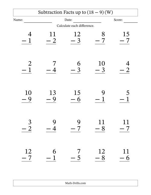 The Subtraction Facts from (2 − 1) to (18 − 9) – 25 Large Print Questions (W) Math Worksheet