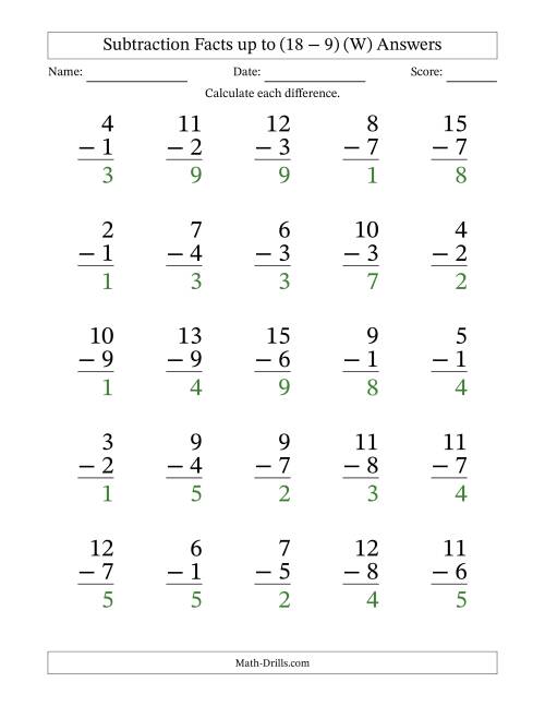 The Subtraction Facts from (2 − 1) to (18 − 9) – 25 Large Print Questions (W) Math Worksheet Page 2