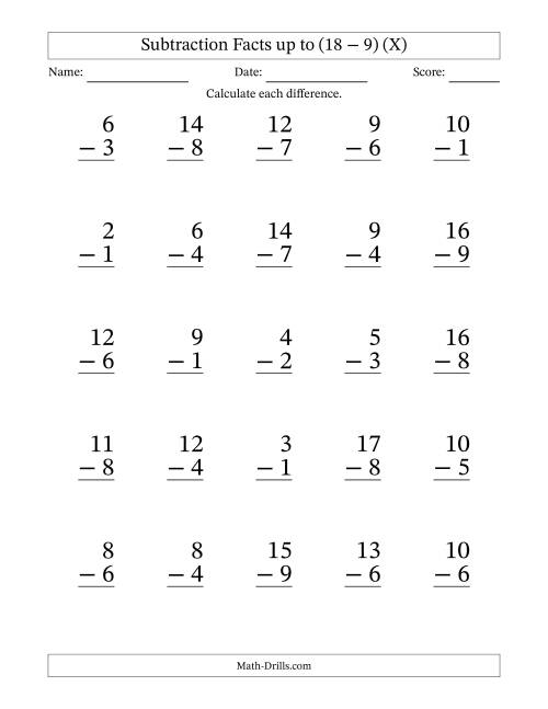 The Subtraction Facts from (2 − 1) to (18 − 9) – 25 Large Print Questions (X) Math Worksheet