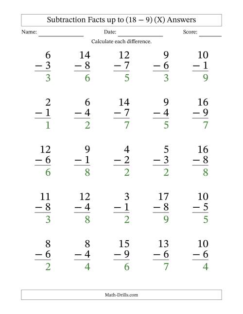 The Subtraction Facts from (2 − 1) to (18 − 9) – 25 Large Print Questions (X) Math Worksheet Page 2