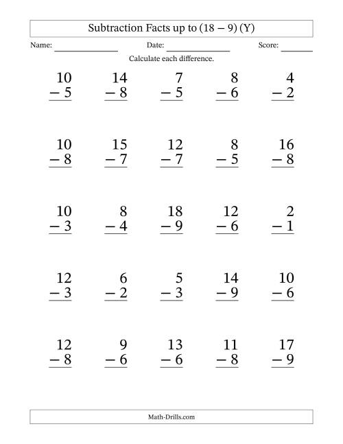 The Subtraction Facts from (2 − 1) to (18 − 9) – 25 Large Print Questions (Y) Math Worksheet