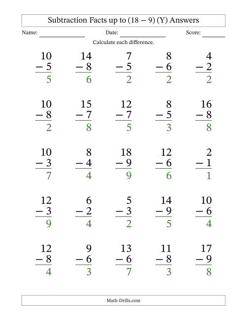 The Subtraction Facts from (2 − 1) to (18 − 9) – 25 Large Print Questions (Y) Math Worksheet Page 2