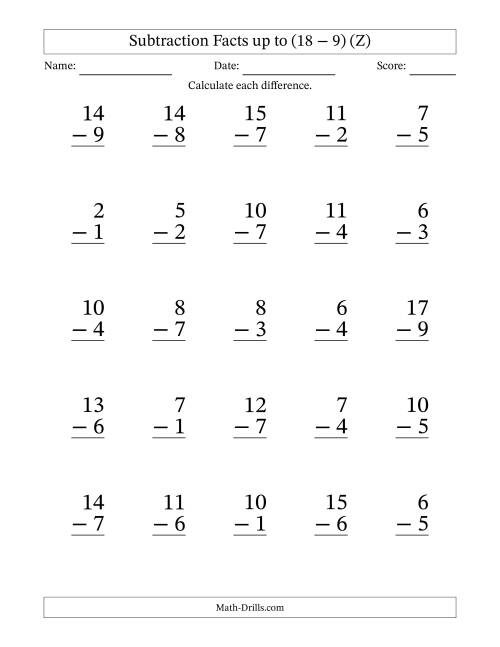 The Subtraction Facts from (2 − 1) to (18 − 9) – 25 Large Print Questions (Z) Math Worksheet