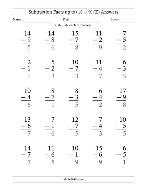 The Subtraction Facts from (2 − 1) to (18 − 9) – 25 Large Print Questions (Z) Math Worksheet Page 2