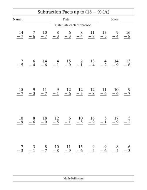 The 50 Vertical Subtraction Facts with Minuends from 2 to 18 (A) Math Worksheet