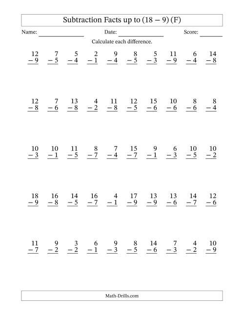 50 Vertical Subtraction Facts with Minuends from 2 to 18 (F)