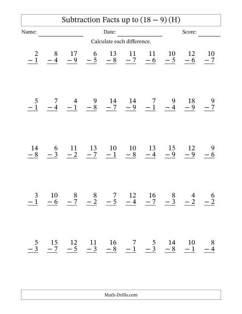 The Subtraction Facts from (2 − 1) to (18 − 9) – 50 Questions (H) Math Worksheet
