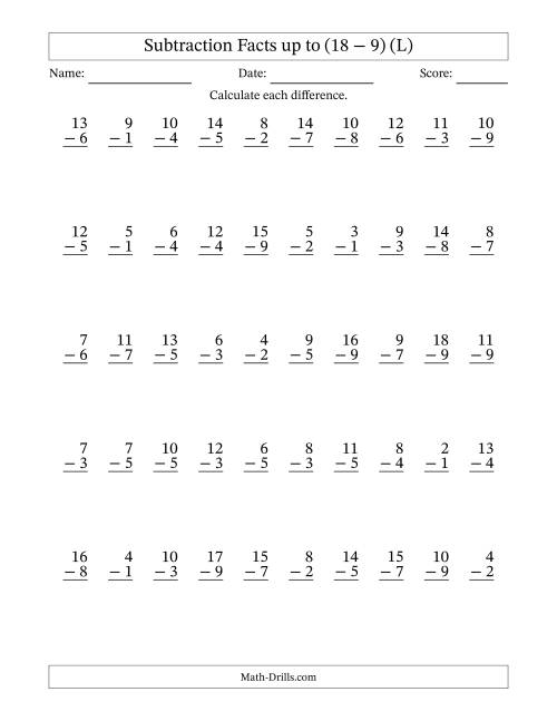 The Subtraction Facts from (2 − 1) to (18 − 9) – 50 Questions (L) Math Worksheet