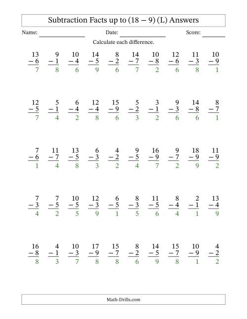 The Subtraction Facts from (2 − 1) to (18 − 9) – 50 Questions (L) Math Worksheet Page 2