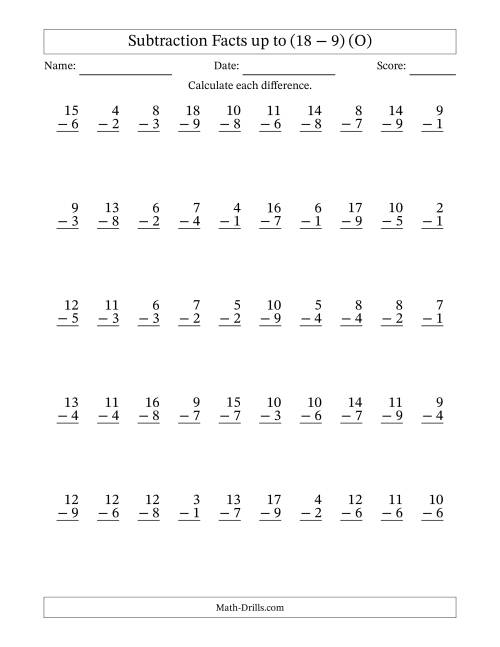 The Subtraction Facts from (2 − 1) to (18 − 9) – 50 Questions (O) Math Worksheet