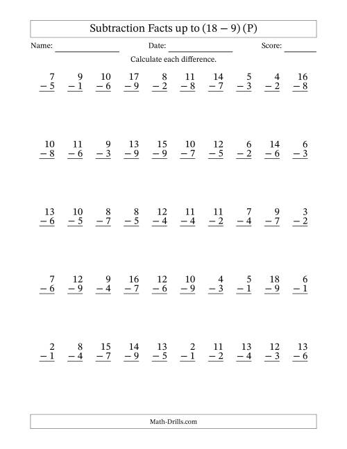 The Subtraction Facts from (2 − 1) to (18 − 9) – 50 Questions (P) Math Worksheet