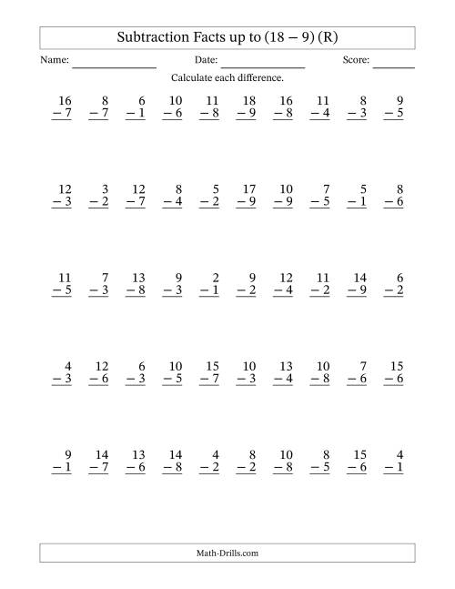 The Subtraction Facts from (2 − 1) to (18 − 9) – 50 Questions (R) Math Worksheet