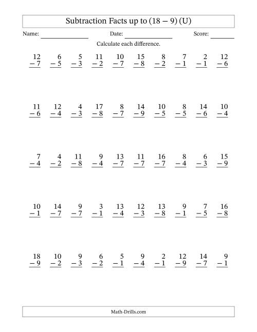The Subtraction Facts from (2 − 1) to (18 − 9) – 50 Questions (U) Math Worksheet