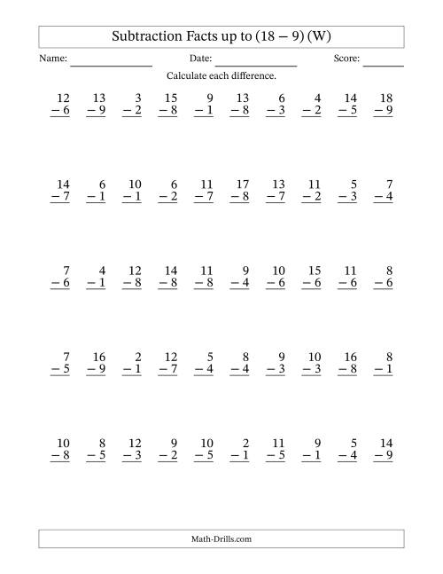 The Subtraction Facts from (2 − 1) to (18 − 9) – 50 Questions (W) Math Worksheet