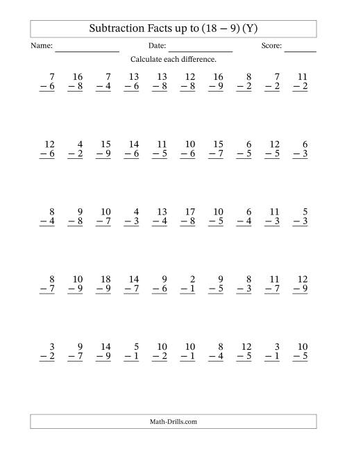 The Subtraction Facts from (2 − 1) to (18 − 9) – 50 Questions (Y) Math Worksheet