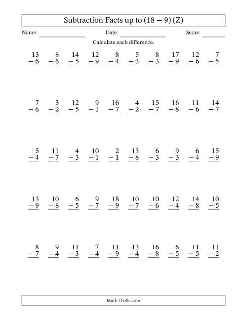 The Subtraction Facts from (2 − 1) to (18 − 9) – 50 Questions (Z) Math Worksheet