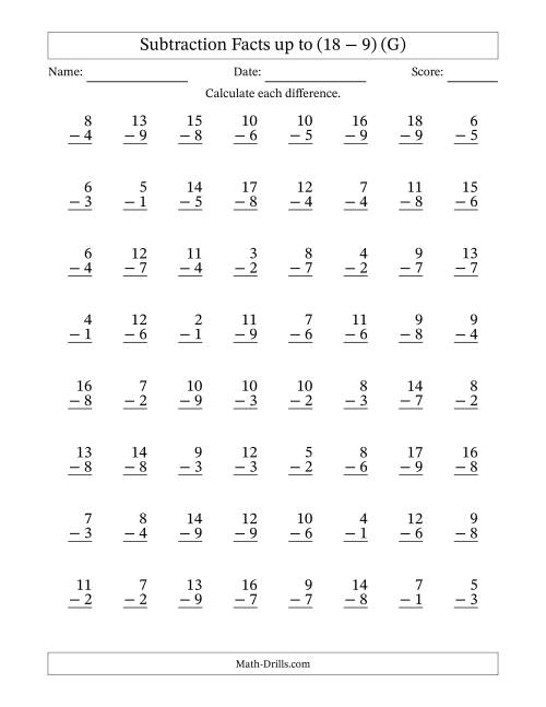 The 64 Vertical Subtraction Facts with Minuends from 2 to 18 (G) Math Worksheet