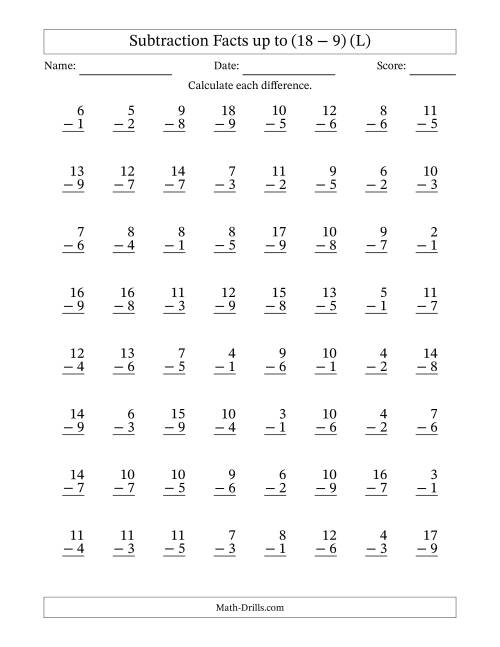 The Subtraction Facts from (2 − 1) to (18 − 9) – 64 Questions (L) Math Worksheet