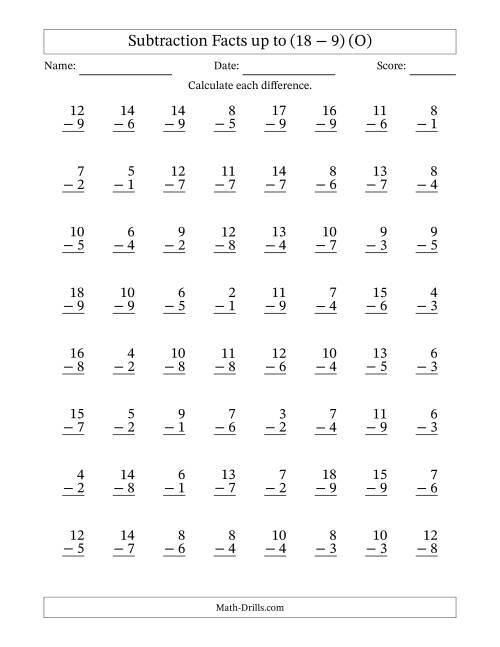 The Subtraction Facts from (2 − 1) to (18 − 9) – 64 Questions (O) Math Worksheet