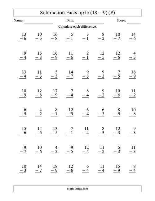 The Subtraction Facts from (2 − 1) to (18 − 9) – 64 Questions (P) Math Worksheet