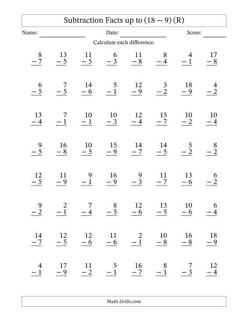 The Subtraction Facts from (2 − 1) to (18 − 9) – 64 Questions (R) Math Worksheet