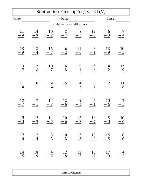 The Subtraction Facts from (2 − 1) to (18 − 9) – 64 Questions (V) Math Worksheet