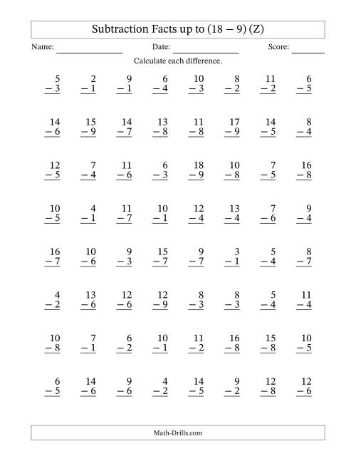 The Subtraction Facts from (2 − 1) to (18 − 9) – 64 Questions (Z) Math Worksheet