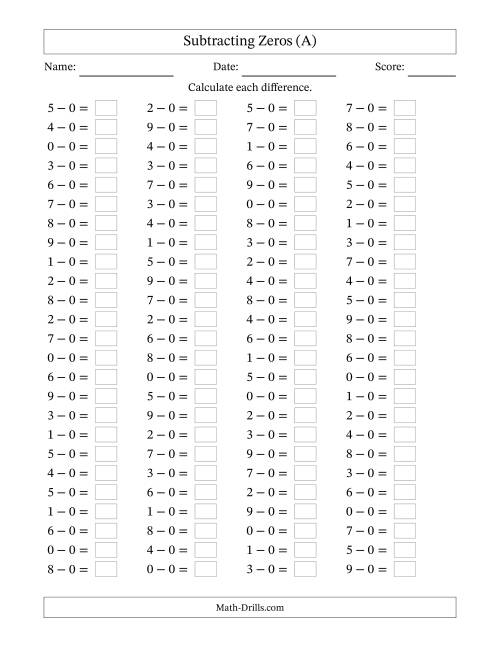 The Horizontally Arranged Subtracting Zeros with Differences from 0 to 9 (100 Questions) (A) Math Worksheet