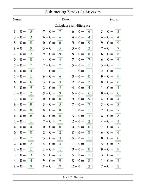 The Horizontally Arranged Subtracting Zeros with Differences from 0 to 9 (100 Questions) (C) Math Worksheet Page 2