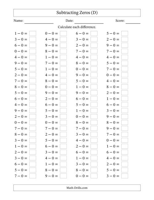 The Horizontally Arranged Subtracting Zeros with Differences from 0 to 9 (100 Questions) (D) Math Worksheet
