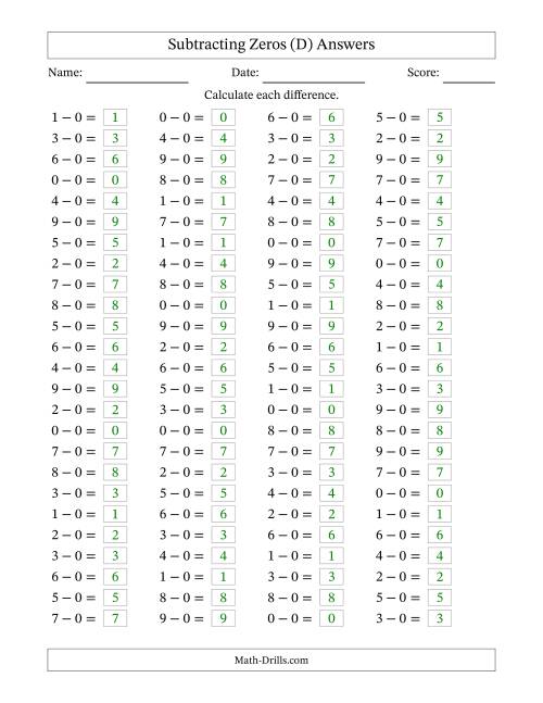 The Horizontally Arranged Subtracting Zeros with Differences from 0 to 9 (100 Questions) (D) Math Worksheet Page 2