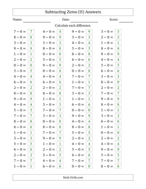 The Horizontally Arranged Subtracting Zeros with Differences from 0 to 9 (100 Questions) (H) Math Worksheet Page 2