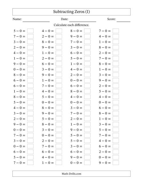 The Horizontally Arranged Subtracting Zeros with Differences from 0 to 9 (100 Questions) (I) Math Worksheet