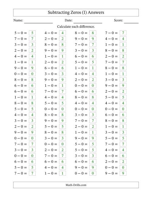 The Horizontally Arranged Subtracting Zeros with Differences from 0 to 9 (100 Questions) (I) Math Worksheet Page 2