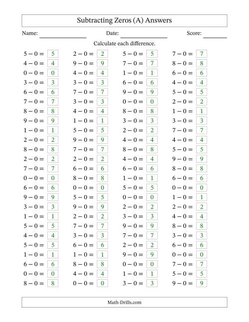 The Horizontally Arranged Subtracting Zeros with Differences from 0 to 9 (100 Questions) (All) Math Worksheet Page 2
