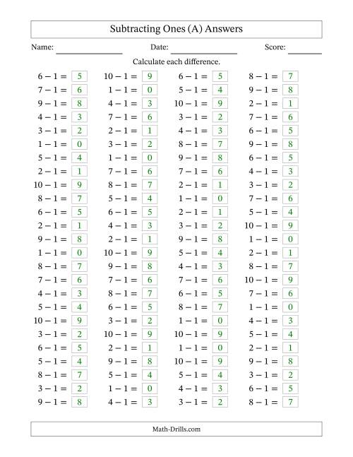 The Horizontally Arranged Subtracting Ones with Differences from 0 to 9 (100 Questions) (A) Math Worksheet Page 2