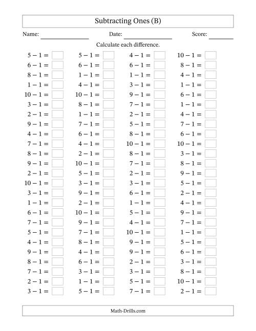 The Horizontally Arranged Subtracting Ones with Differences from 0 to 9 (100 Questions) (B) Math Worksheet