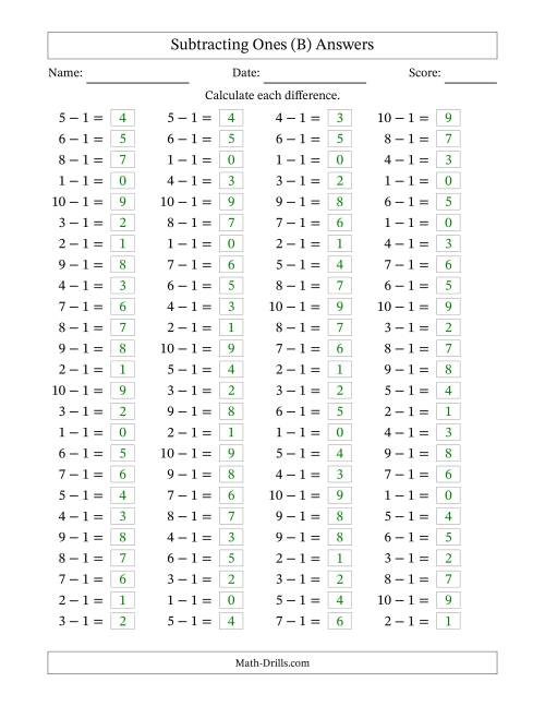 The Horizontally Arranged Subtracting Ones with Differences from 0 to 9 (100 Questions) (B) Math Worksheet Page 2