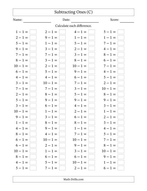 The Horizontally Arranged Subtracting Ones with Differences from 0 to 9 (100 Questions) (C) Math Worksheet