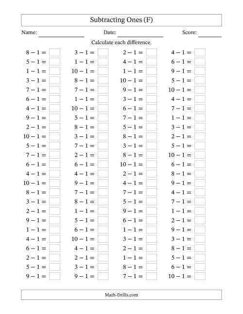 The Horizontally Arranged Subtracting Ones with Differences from 0 to 9 (100 Questions) (F) Math Worksheet