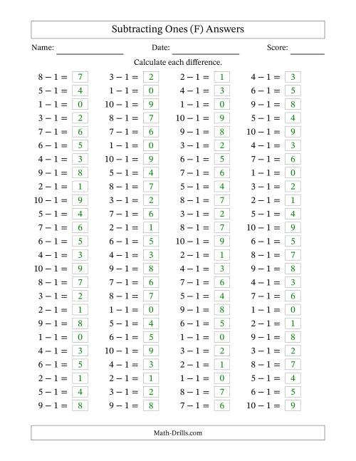 The Horizontally Arranged Subtracting Ones with Differences from 0 to 9 (100 Questions) (F) Math Worksheet Page 2