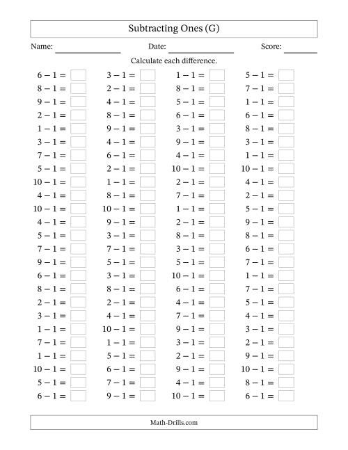 The Horizontally Arranged Subtracting Ones with Differences from 0 to 9 (100 Questions) (G) Math Worksheet