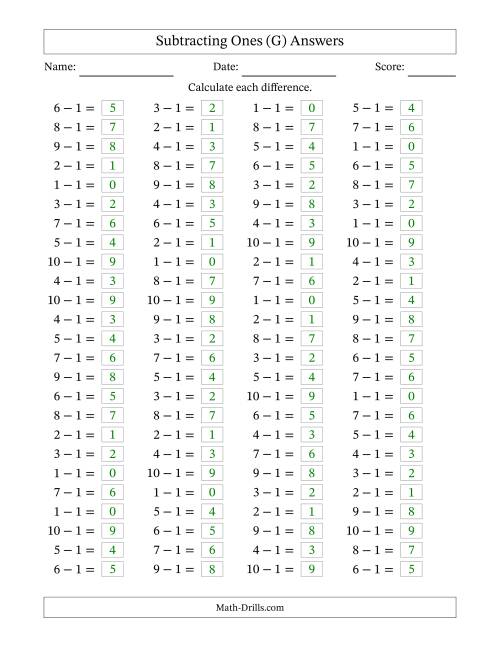 The Horizontally Arranged Subtracting Ones with Differences from 0 to 9 (100 Questions) (G) Math Worksheet Page 2