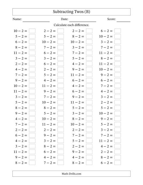 The Horizontally Arranged Subtracting Twos with Differences from 0 to 9 (100 Questions) (B) Math Worksheet