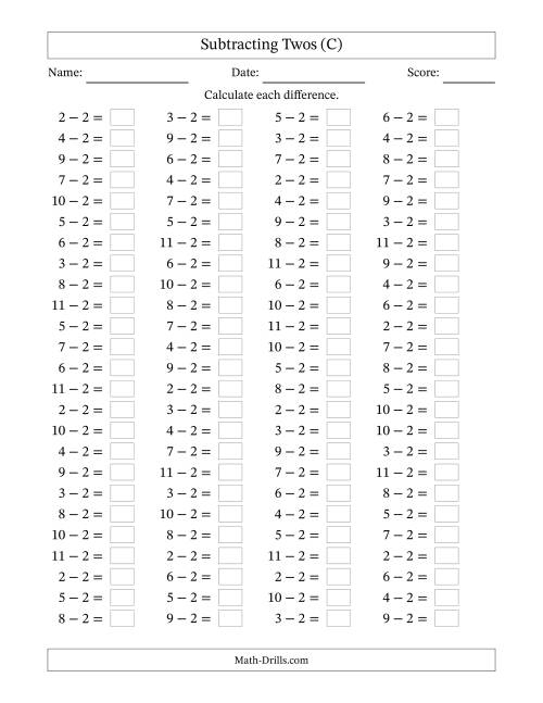 The Horizontally Arranged Subtracting Twos with Differences from 0 to 9 (100 Questions) (C) Math Worksheet