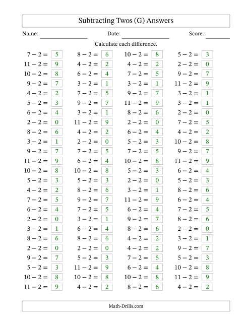 The Horizontally Arranged Subtracting Twos with Differences from 0 to 9 (100 Questions) (G) Math Worksheet Page 2