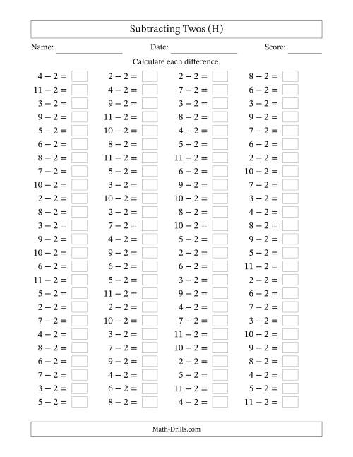 The Horizontally Arranged Subtracting Twos with Differences from 0 to 9 (100 Questions) (H) Math Worksheet